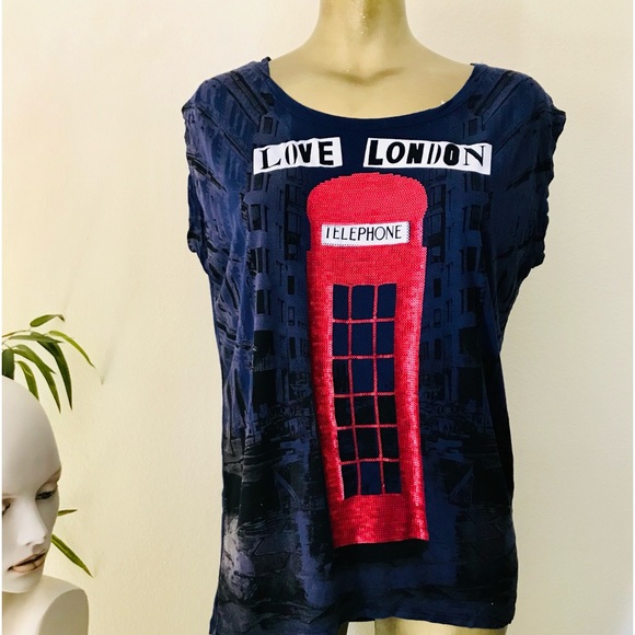 Unique ATMOSPHERE Cool SEQUIN and Appliqué LONDON Themed Sleeveless TOP M/L - Picture 6 of 9